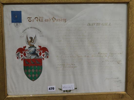 A framed illuminated Granting of Arms with attached seal